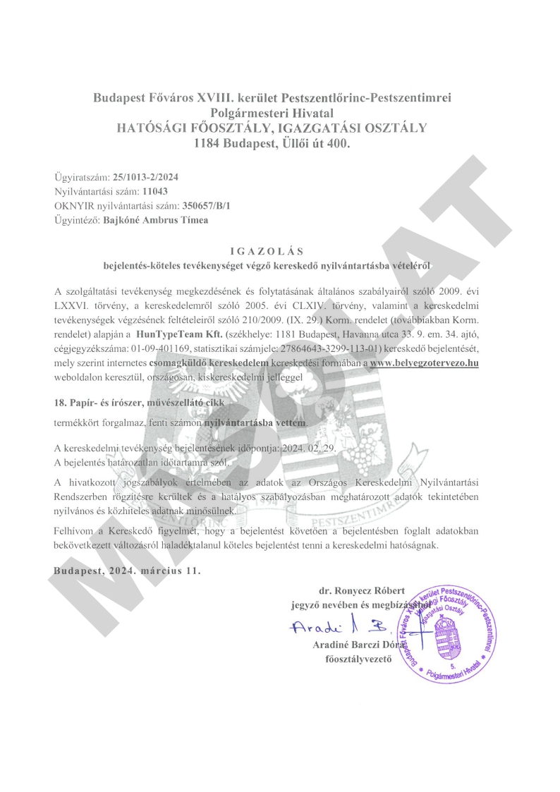 Kereskedői nyilvántartásba vétel IGAZOLÁSA