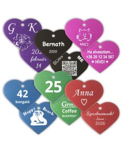 Biléta (szív) eloxált alumínium (nagy) 38 x 32 mm x 1 mm - 2 oldalas lézergravírozással